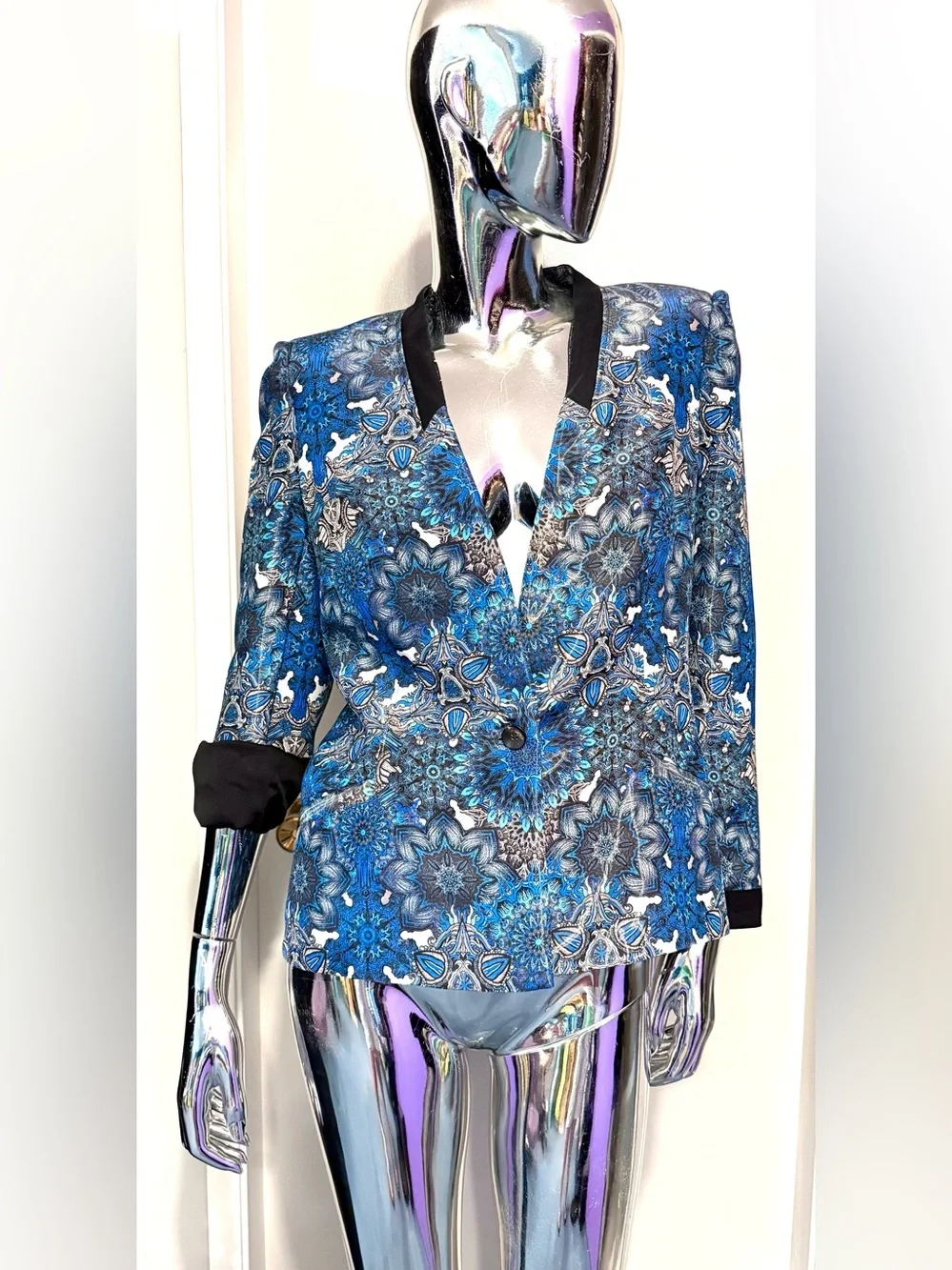 Helmut Lang Blue Mandala Print Blazer w/Black Trim - shiny outer, silk lining - Picture 1 of 7